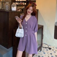 女装夏季2021新款洋气泡泡袖V领收腰显瘦百搭阔腿连体短裤女 紫色 S