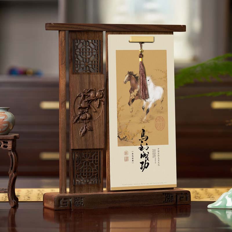 实木高档黑胡桃2026马年日历屏风文创摆件礼物办公室复古中国风名画传统文化台历礼盒定制logo马到成功/古典实木屏风高清大图