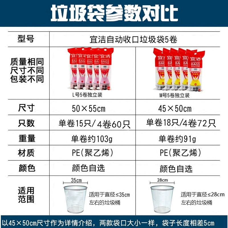 宜洁 手提式垃圾袋加厚家用自动收口抽绳塑料袋 50*55cm大号粉色15只高清大图