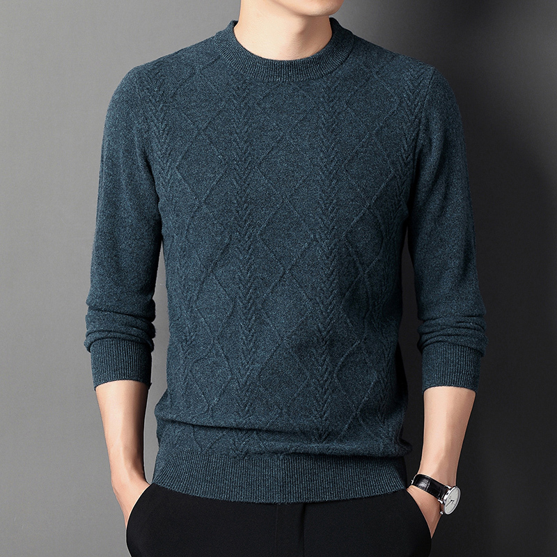 免费试穿高端山羊绒鄂羊羊专柜正品男士半高领套头羊绒衫纯色扭花潮流