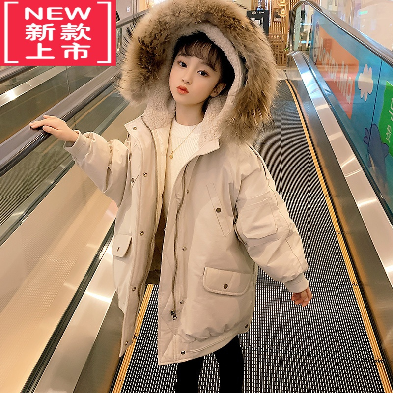 可莉允女童2022新款加厚潮服冬季羽绒棉连帽加绒内胆保暖儿童大口袋棉衣棉服