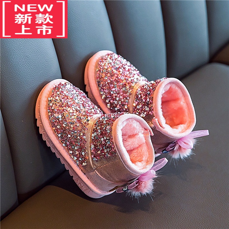 可莉允女童雪地靴2022冬季新款百搭亮片公主棉鞋中大童女孩加绒保暖短靴