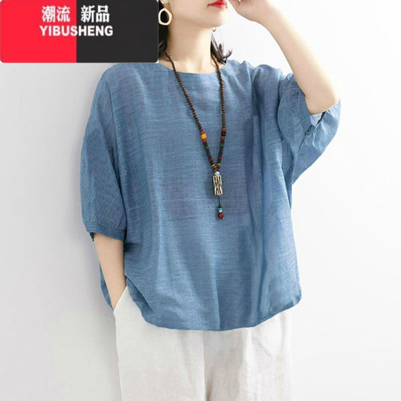 YIBUSHENG仿棉麻春季薄款中袖t恤女大码女装休闲打底衫上衣新款高清大图