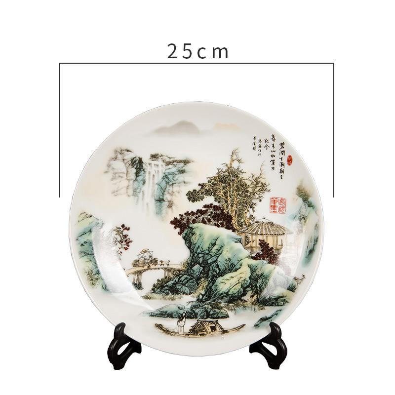 景德镇陶瓷器中式山水画挂盘装饰盘子客厅玄关博古架摆件家居 三维工匠 山涧春韵+三角支架(25cm)高清大图