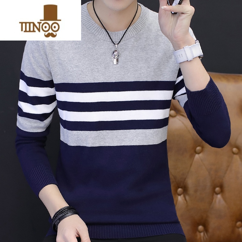 YANXU男士毛衣条纹针织衫毛衫青年内穿线衣潮流休闲打底衫高清大图