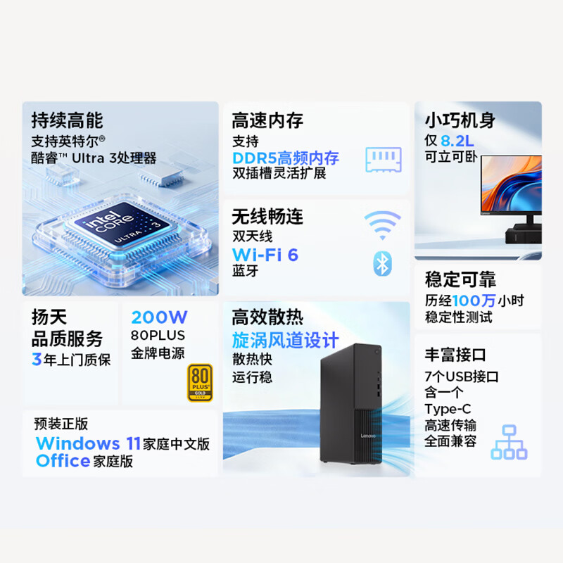 联想(Lenovo)扬天M4000q 台式电脑主机(Ultra3 205 8G DDR5 512G SSD Office Win11)商用办公学习高清大图