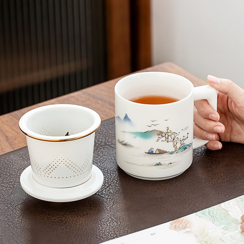 金镶玉 山水情缘羊脂玉瓷茶杯 描金家用办公陶瓷白瓷带把手带过滤茶水分离杯功夫茶具高清大图