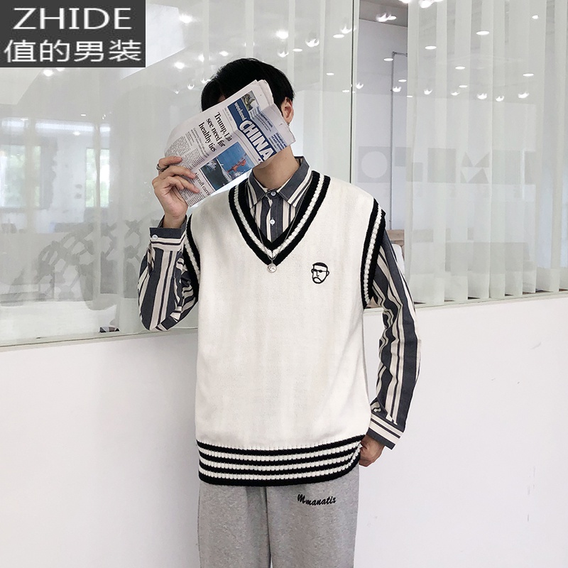 SUNTEK秋季港风潮男chic卡通刺绣撞色V领毛衣针织衫无袖情侣背心马甲女马甲/背心高清大图