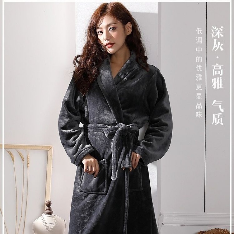 薄款情侣睡袍秋冬天加绒加厚女士家居服浴衣长款性感袍男士浴袍 深灰色普袍 2XL建议140-160斤