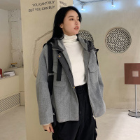[1.5折价220元]唐狮冬装新款毛呢外套女毛呢外套连帽拼接网红风in潮流韩版