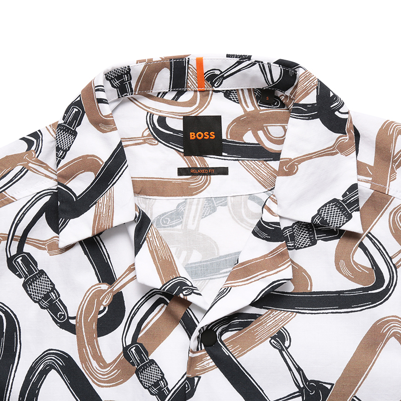 hugo boss 男士orange系列棉质白色多色钩环印花宽松版短袖衬衫t恤衫