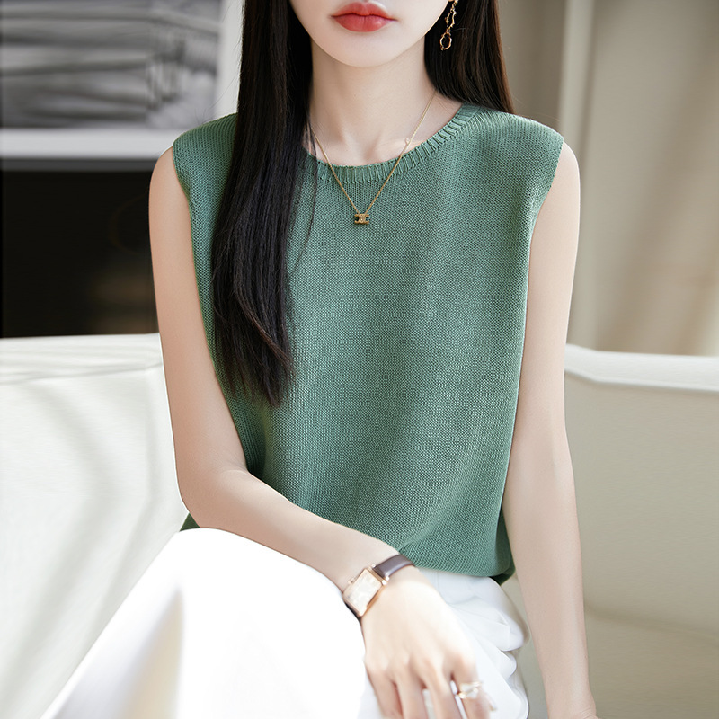 亚麻圆领无袖背心女夏季新款纯色外穿上衣短款针织打底衫气质时尚