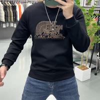 字母印花时尚修身长袖体恤打底衫烫钻圆领卫衣男士秋冬新款上衣潮_717332 【加绒加厚】W935山上字母彩虹黑色 M