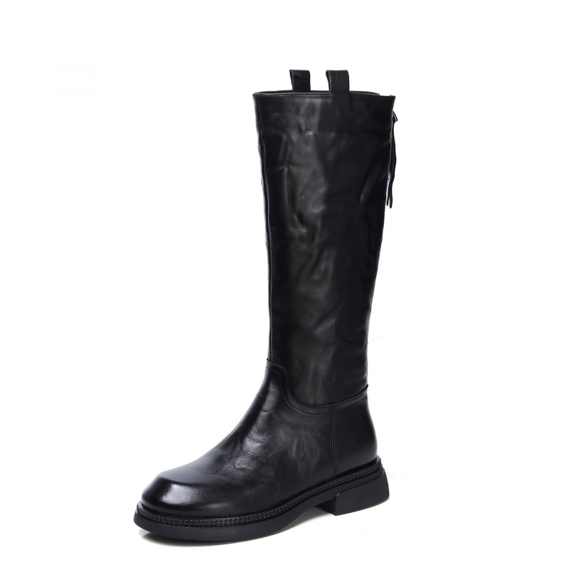 头层牛皮骑士靴女冬季新款复古百搭显瘦粗跟后拉链高筒机车靴