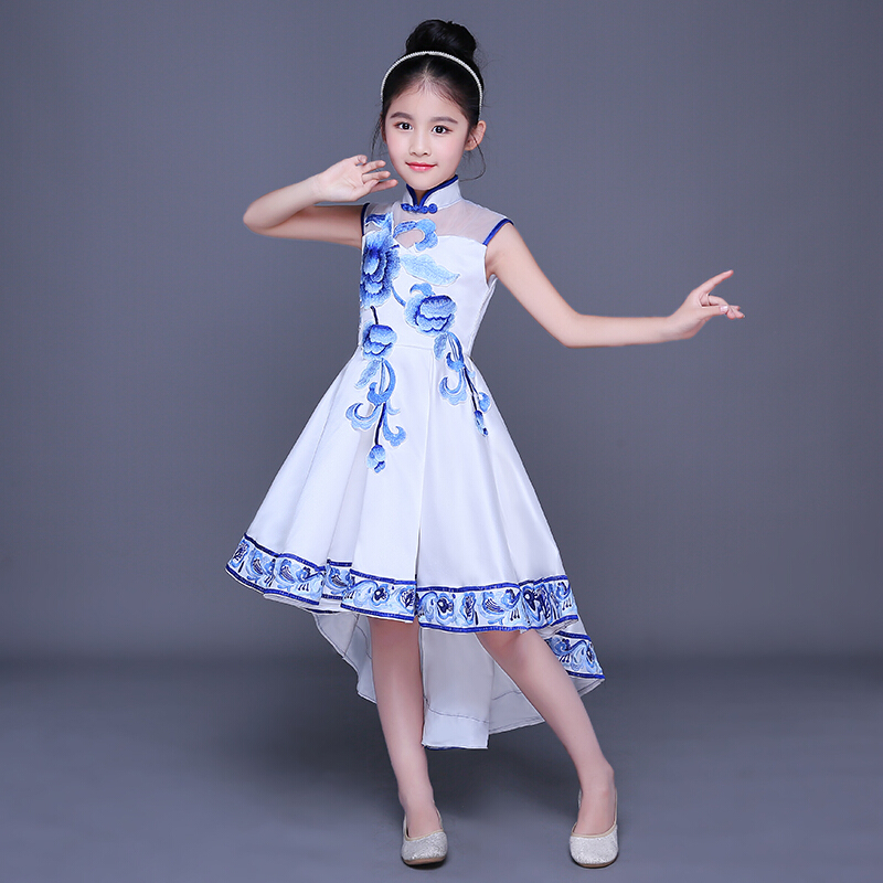 女童古筝演出服中大童唐装公主裙中国风童装连衣裙儿童旗袍礼服夏白色