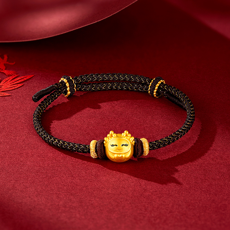 梦金园达摩黄金转运珠爱心福字生肖龙足金手饰本命红绳情侣手链生日