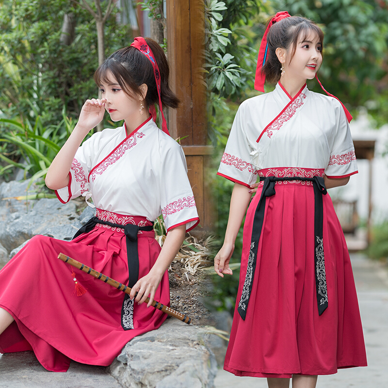 改良汉服女夏装中国风学生套装古代衣服古装女交领上衣日常短裙子yy