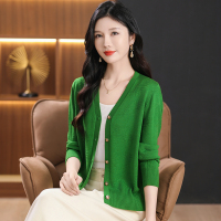 【含羊毛】恒源祥女士针织衫2024秋冬新款纯色V领休闲开衫上衣 165/88A/M 绿色