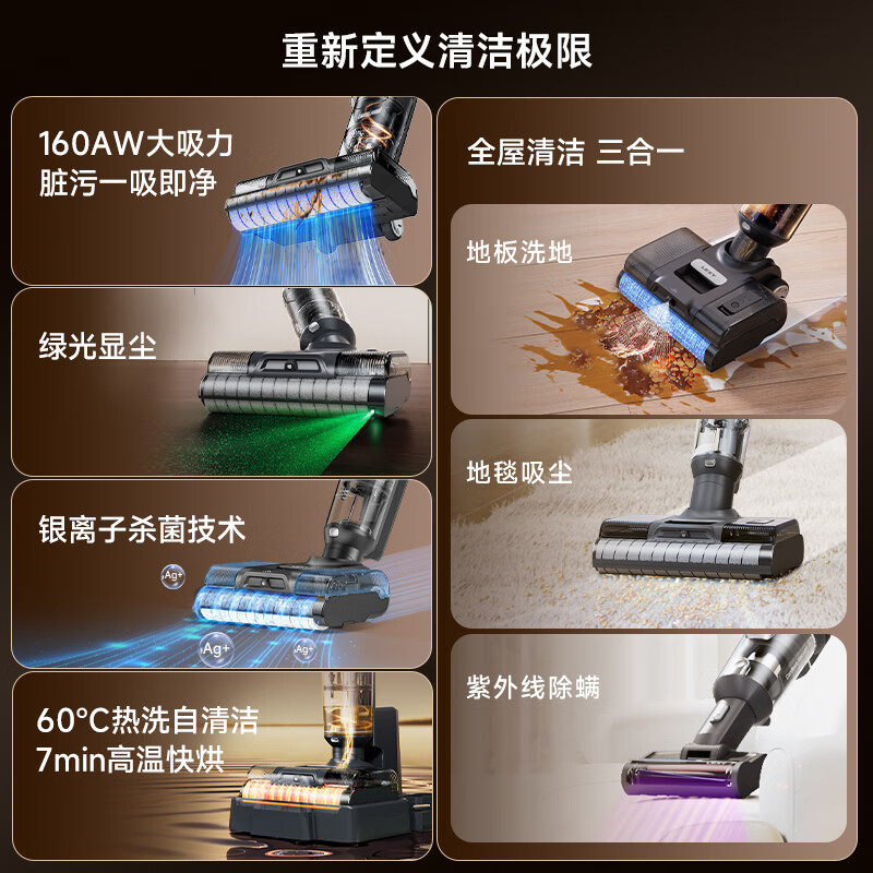 莱克吉米(JIMMY) 三合一智能洗地机吸尘器除螨仪 S6PlusMAX-天狼星 家用大吸力绿光吸尘除螨洗地机高清大图