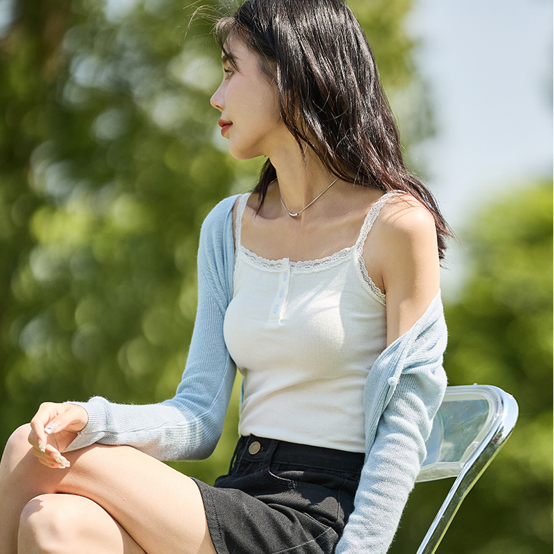 唐狮夏季新款吊带背心女内搭蕾丝小针织纯欲法式无袖上衣辣妹