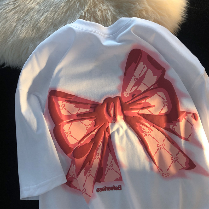 秋壳日系可爱蝴蝶结印花短袖t恤女温柔系甜辣ins风夏季宽松上衣潮