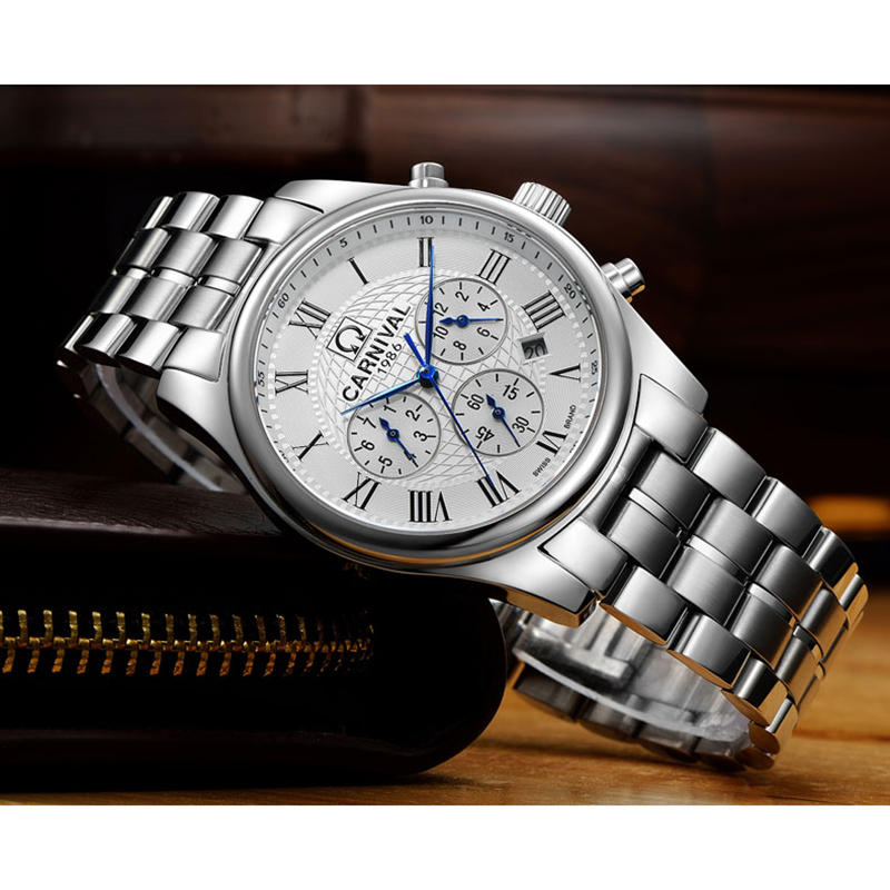 嘉年华CARNIVAL名匠运动手表男 全自动机械表 男士精钢带防水休闲男表正品休闲时尚金属蝴蝶扣腕表8827高清大图