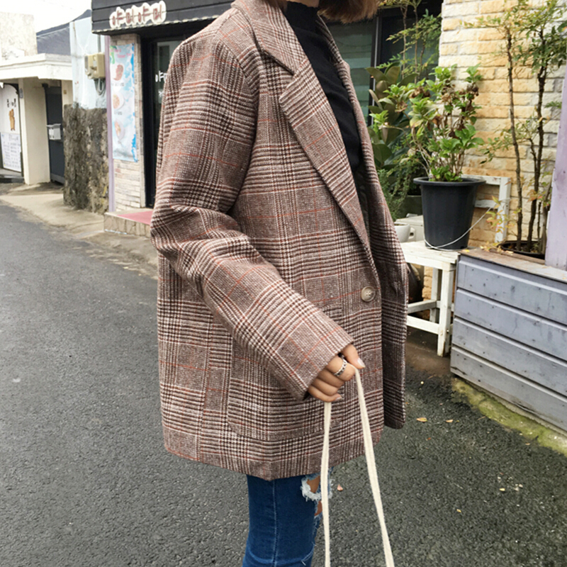 2018春装新款韩版复古学院风宽松百搭显瘦长袖格子小西装外套女装 棕色格子 均码