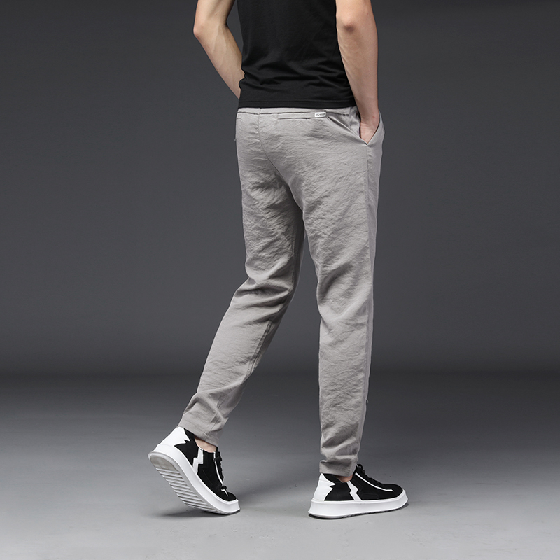 夏季薄款休闲裤男小脚透气冰丝裤子男修身泡泡布系带哈伦裤松紧腰