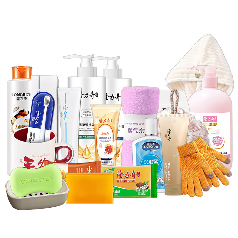 隆力奇 洗发水 沐浴露 护发素 洗面奶 护手霜 肥皂 香皂 牙膏 牙刷 浴帽 毛巾 手套 隆情厚礼17件套A款高清大图