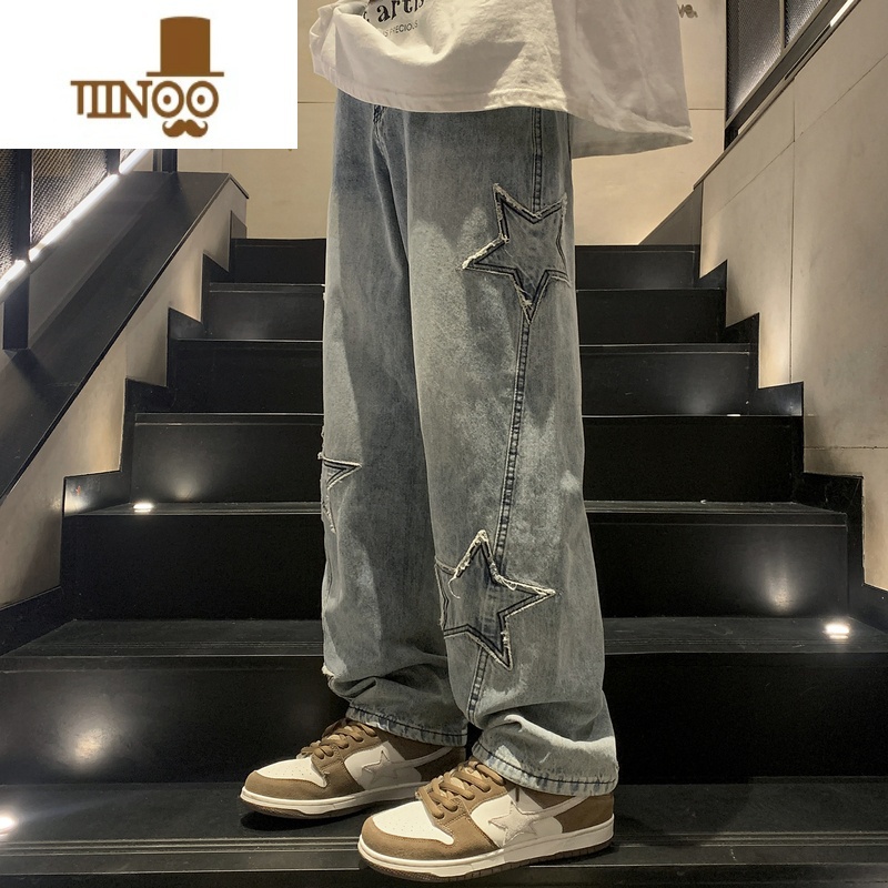 YANXU高街牛仔裤男款夏季美式刺绣设计感直筒长裤潮牌ins宽松阔腿裤牛高清大图