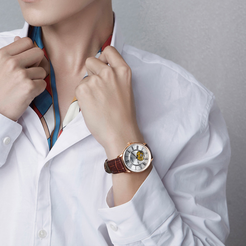 依波表(EBOHR) 自动机械表镂空时尚超薄防水腕表送男友礼物 玫瑰金皮带 51703439高清大图