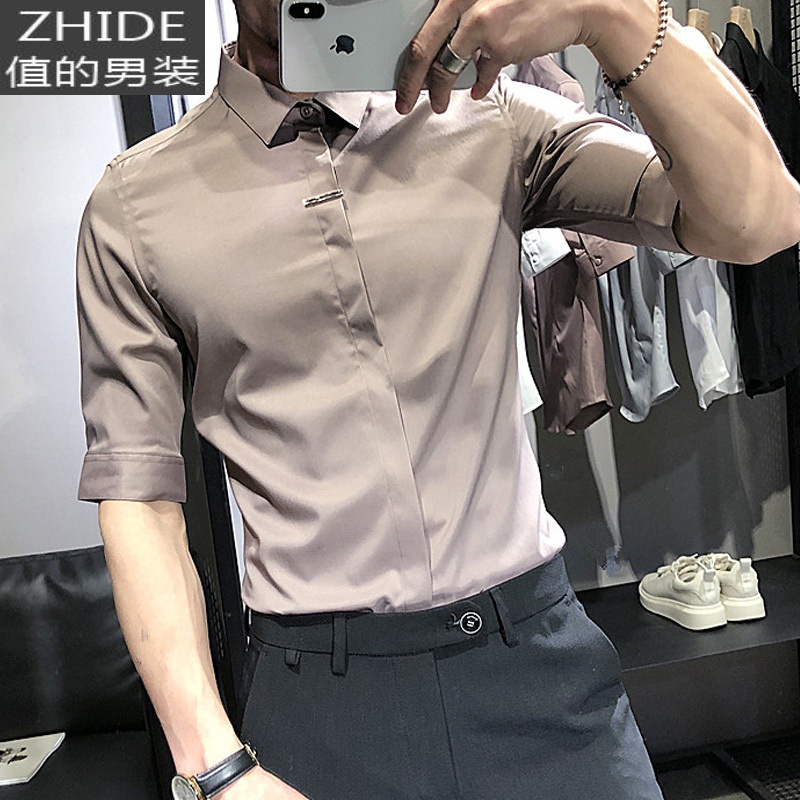 SUNTEK男士短袖衬衫休闲韩版潮流帅气高级感修身痞帅冰丝7七分中袖衬衣衬衫高清大图