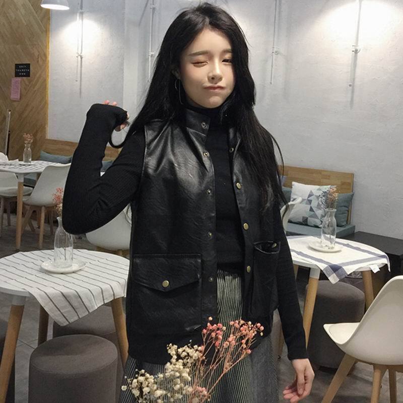 春秋韩版PU皮马甲女港味短款百搭机车无袖皮衣背心坎肩潮 黑色 均码