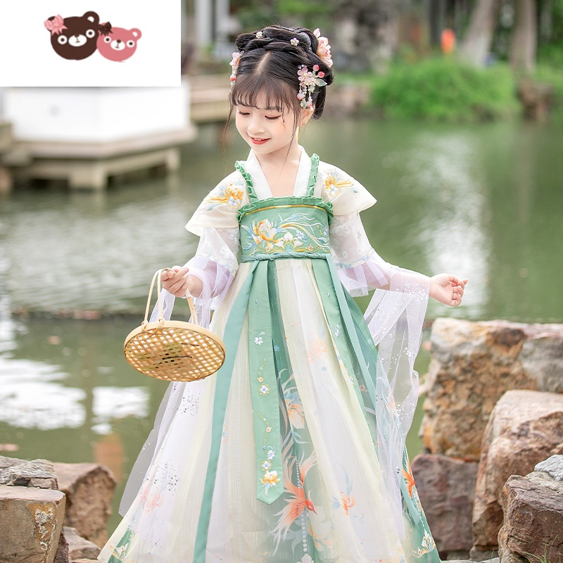 绿彩虹光汉服女童夏季薄款短袖唐装襦裙超仙夏款中国风儿童新款公主童装女裙子