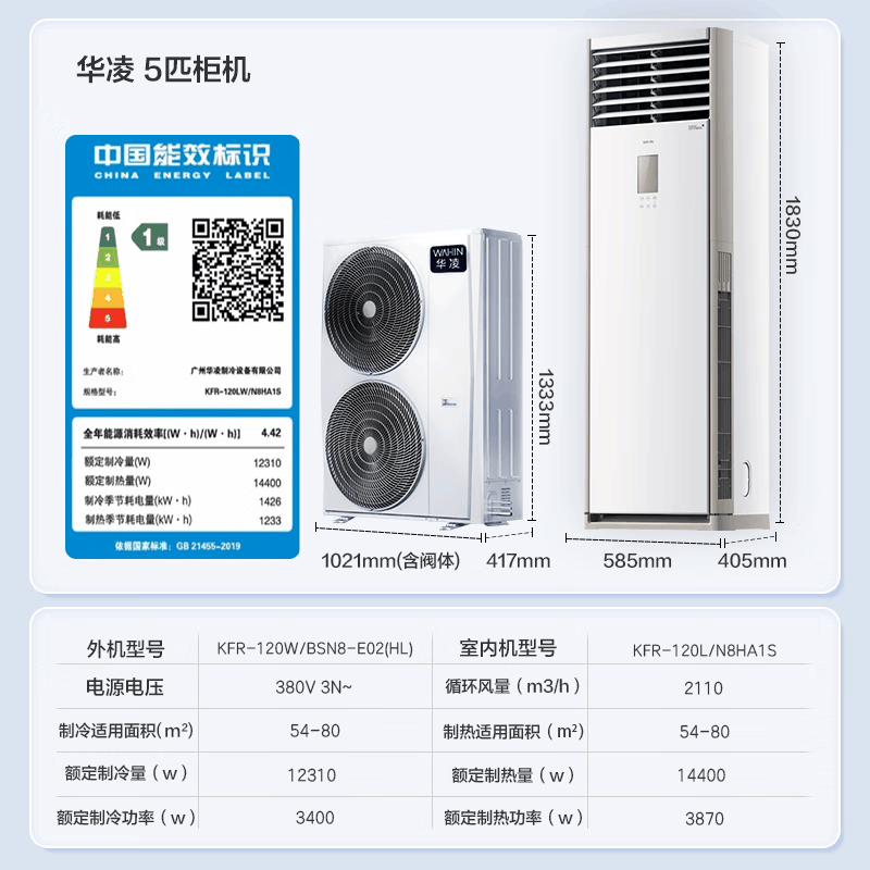 华凌(WAHIN)空调立式大5匹柜机新一级能效智能变频冷暖家用工厂房办公室商铺用官方正品KFR-120LW/N8HA1S图片