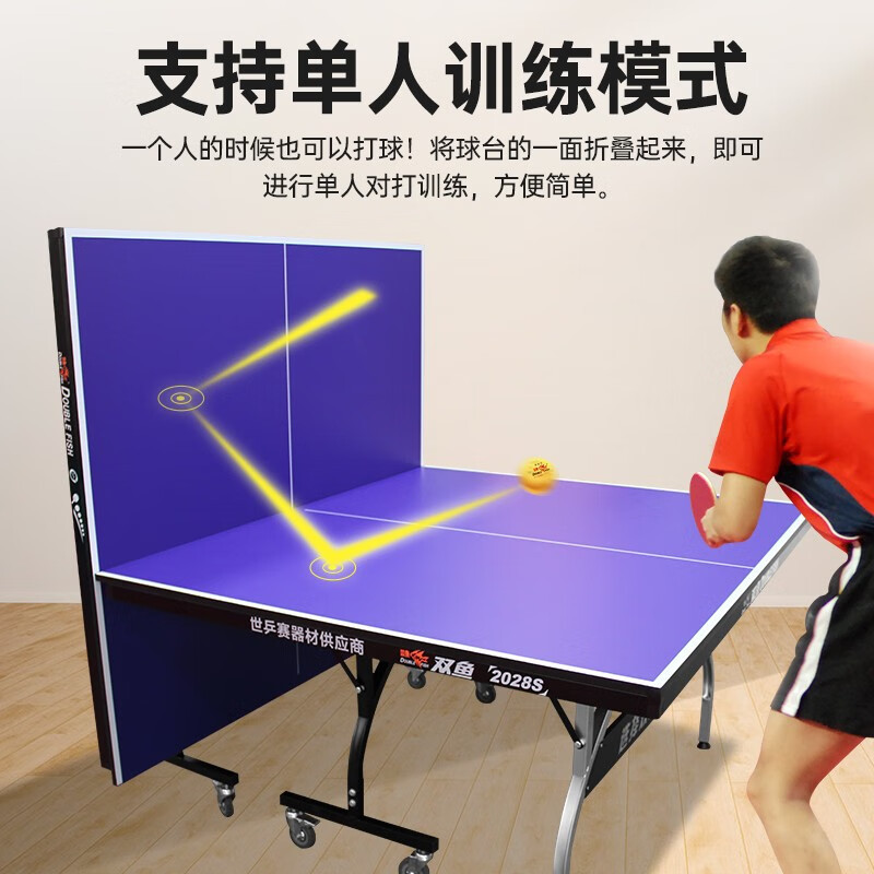 双鱼(DOUBLE FISH)专业乒乓球桌标准比赛训练室内家用带滚轮可折叠式乒乓球台案子休闲款2028S[含球拍网架球]