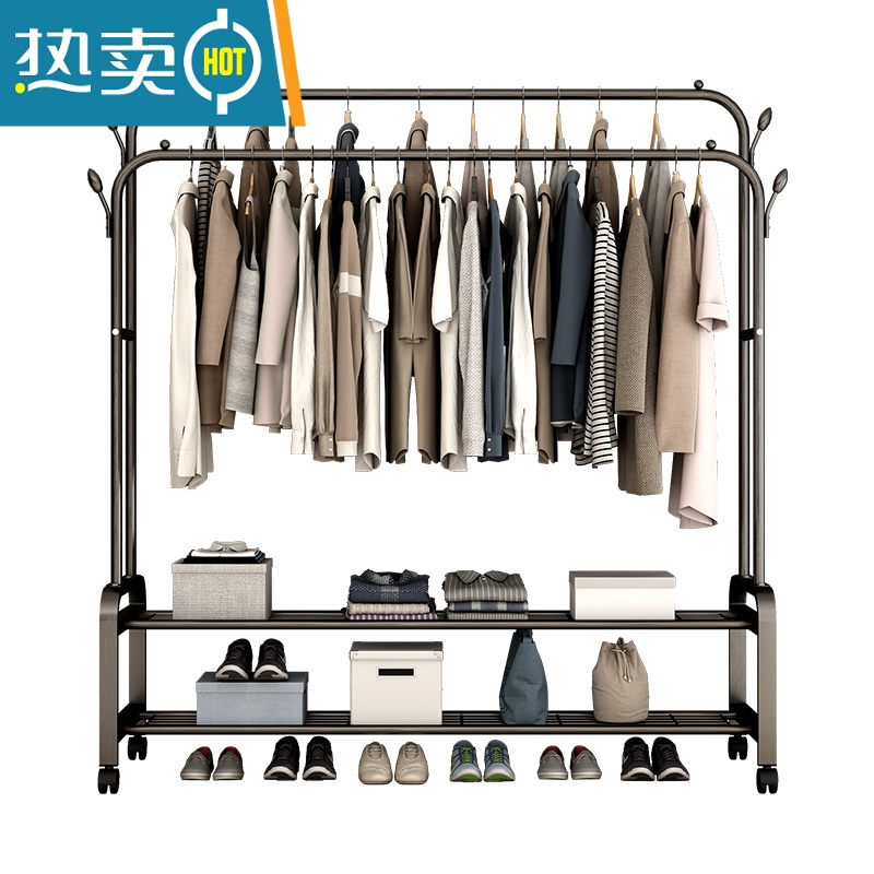 敬平衣架落地卧室内挂衣架柜式衣架家用简易晾衣杆宿舍晒衣服架子开放 120cm-升级双排(黑色双杆)+单层置物+固定晾晒架高清大图