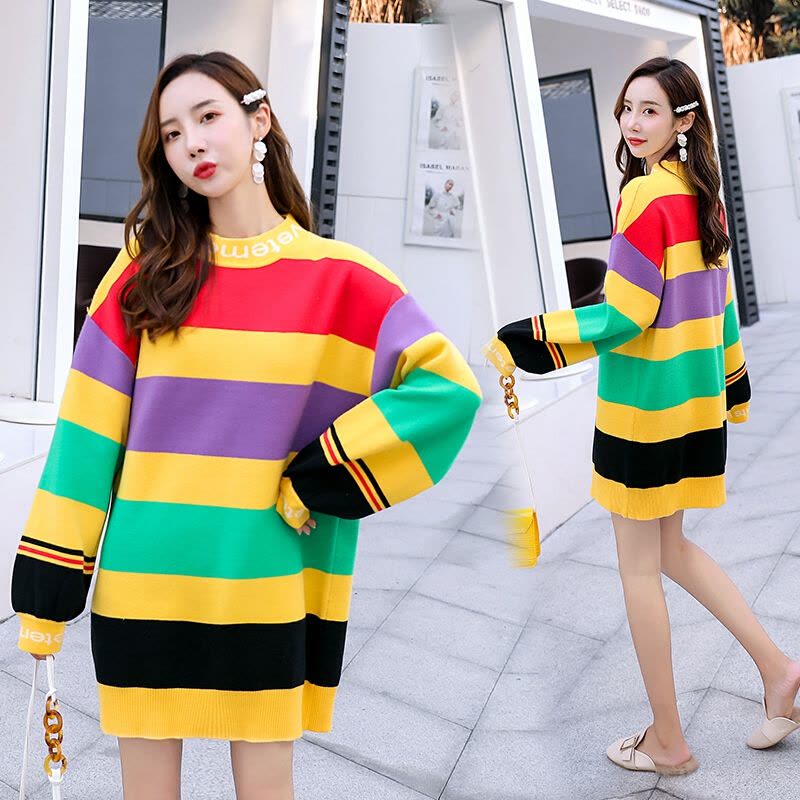 迪鲁奥(DILUAO)孕妇装秋装秋季遮肉彩虹条纹宽松中长款长袖套装怀孕期 黑色 均码[适合约90-160斤]图片