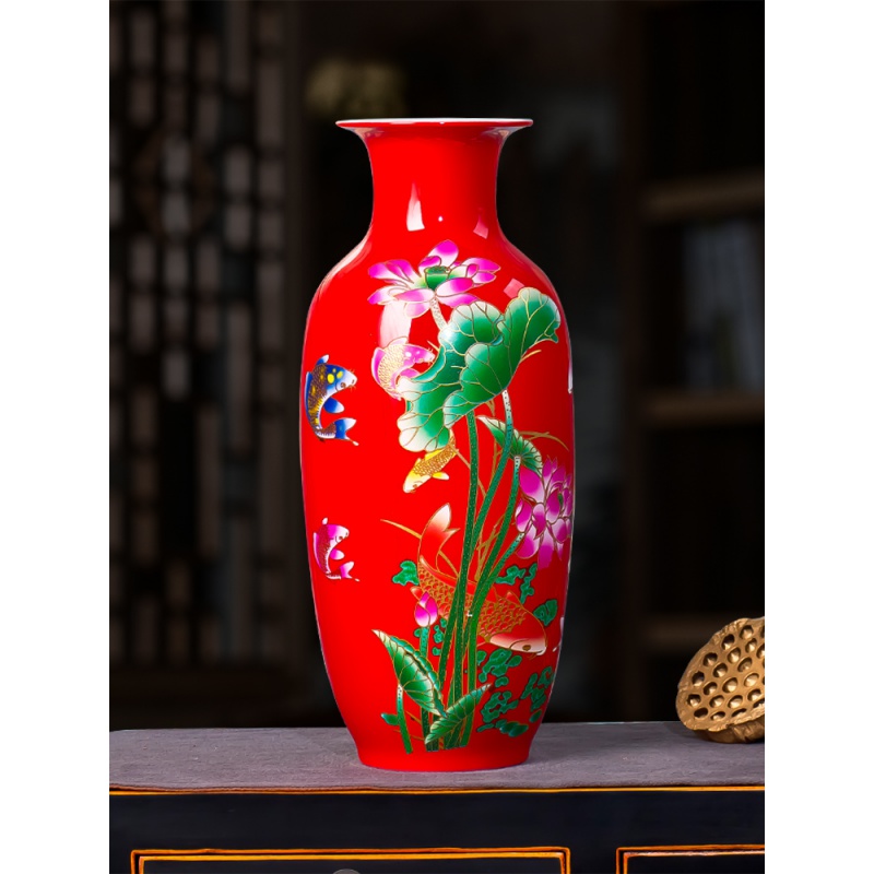红色荷花瓶景德镇陶瓷摆件百合花瓶客厅插花花器瓷瓶现代家居装饰 三维工匠 [中号]青花山水鱼尾瓶+送底座高清大图