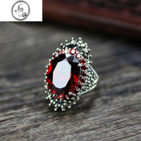JiMi银银日韩复古宝石泰银戒指女士银饰品红石榴石首饰指环装饰蓝水晶 红宝石美码6周长5.2