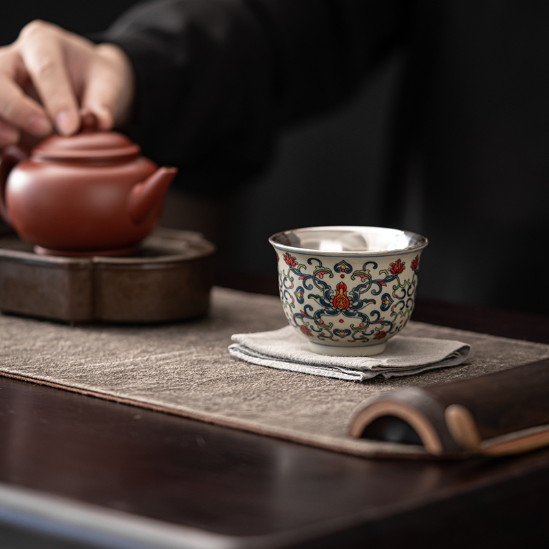 苏氏陶瓷(SUSHI CERAMICS)青花永乐鎏银茶杯主人杯个人杯品茗杯功夫茶杯