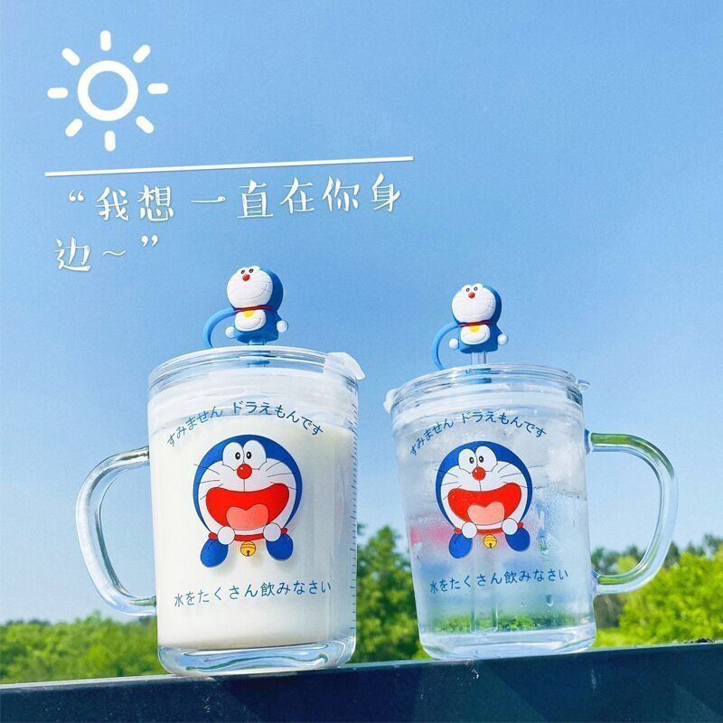 韩国ins风可爱卡通叮当猫把手玻璃杯刻度吸管耐高温透明茶杯情侣 叮当猫杯单杯