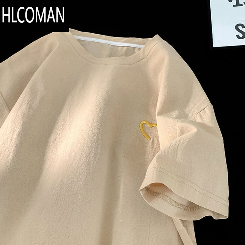 HLCOMAN高端亚麻短袖男夏季2025新款中国风刺绣棉麻t恤休闲宽松薄款上衣