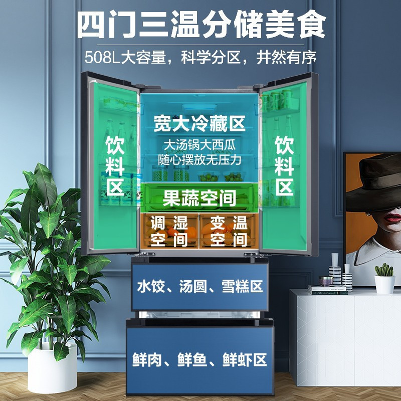[潜艇级净化]美的508升法式多门智能保鲜冰箱19分钟急速净味杀菌一级能效双变频手机智控BCD-508WTPZM(E)