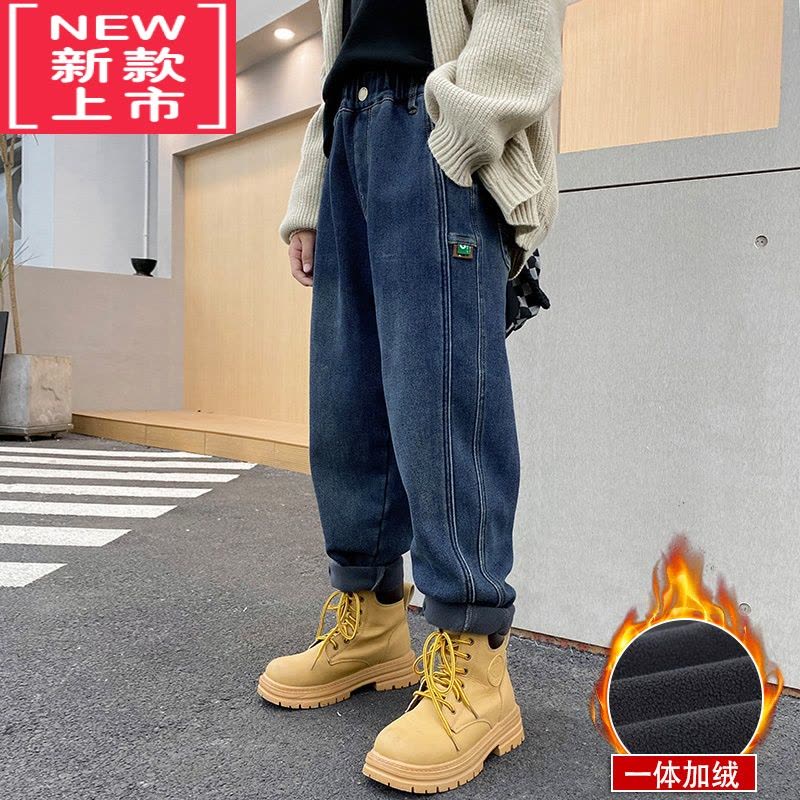 可莉允男童一体绒牛仔裤秋冬季2022新款儿童裤子中大童加绒保暖休闲长裤保暖裤图片