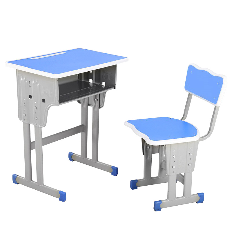 文灵中小学生课桌椅学校培训班辅导班课桌升降儿童书桌学习课桌椅套装 单人蓝白包边双柱靠背款