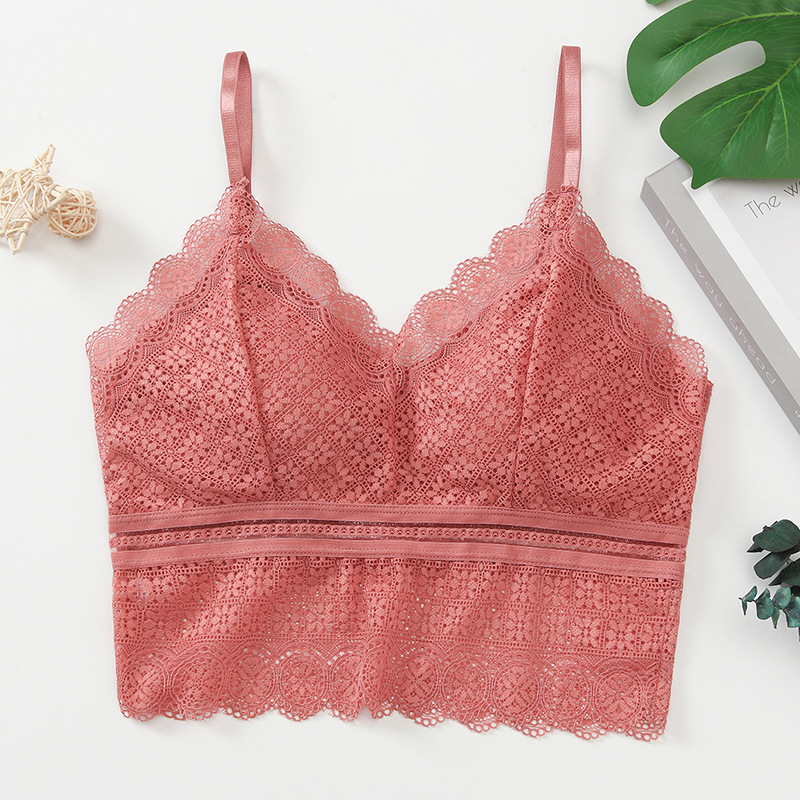 性感蕾丝镂空裹胸美背透气无钢圈内衣女抹胸吊带背心自带内杯