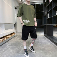 梵克公牛套装男夏季宽松半袖体恤男上衣潮流印花帅气五分袖T恤圆领卫衣两件套ins潮牌休闲运动男装套装