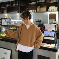 新款秋装韩版宽松百搭设计感时尚假两件长袖T恤卫衣女上衣潮 2XL 咖啡色