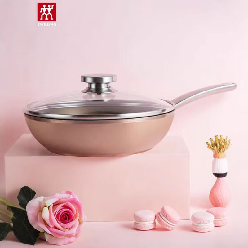 双立人深煎锅ZW-EY103铝合金不粘炒锅28cm加厚复合底不挑炉灶耐磨 粉红色炒锅 ZW-EY103高清大图